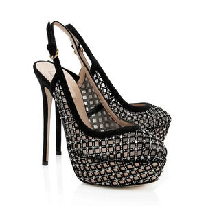 Valentino Garavani Lattice Crystals Slingback Platform Pumps Black Size 7.5